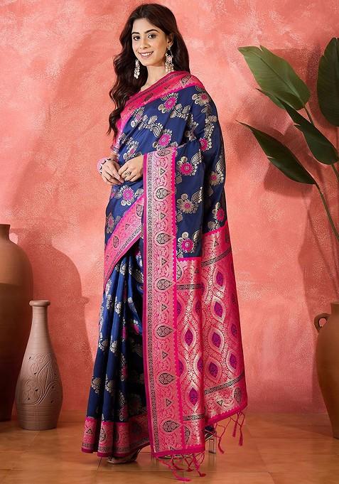 Navy Blue Embroidered Blended Saree Set