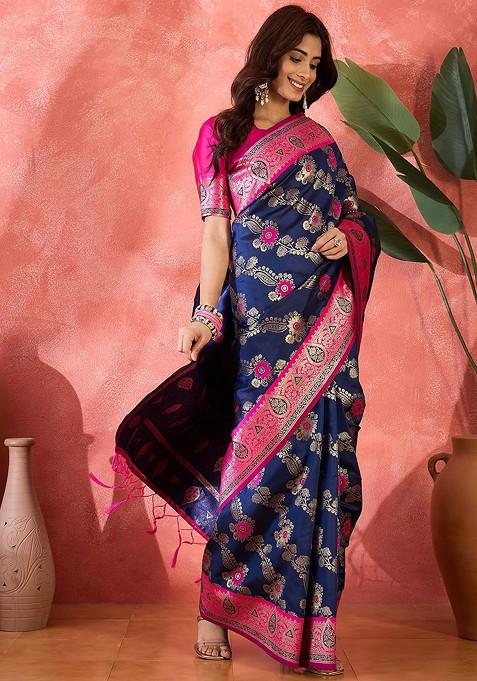 Navy Blue Embroidered Blended Saree Set