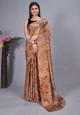 Brown Embroidered Blended Saree Set