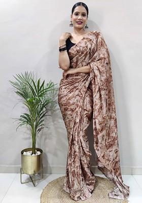 Brown Embroidered Blended Saree Set