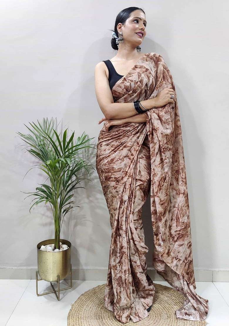 Brown Embroidered Blended Saree Set - Indya