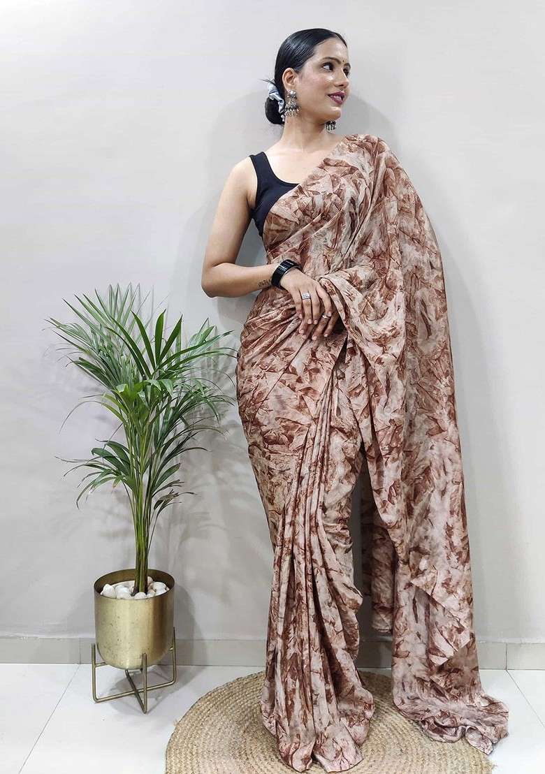 Brown Embroidered Blended Saree Set - Indya