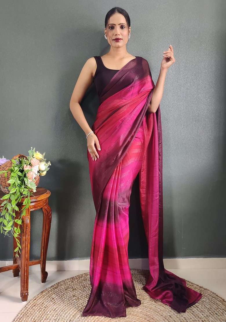 Pink Embroidered Blended Saree Set - Indya