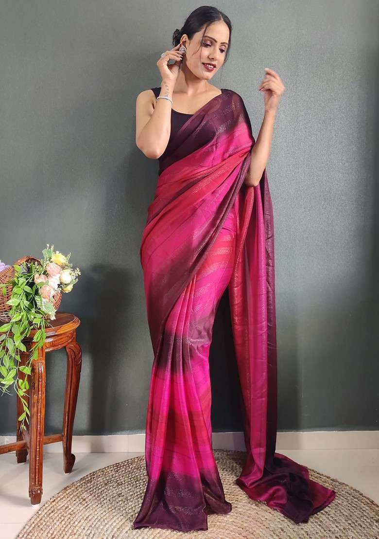 Pink Embroidered Blended Saree Set - Indya