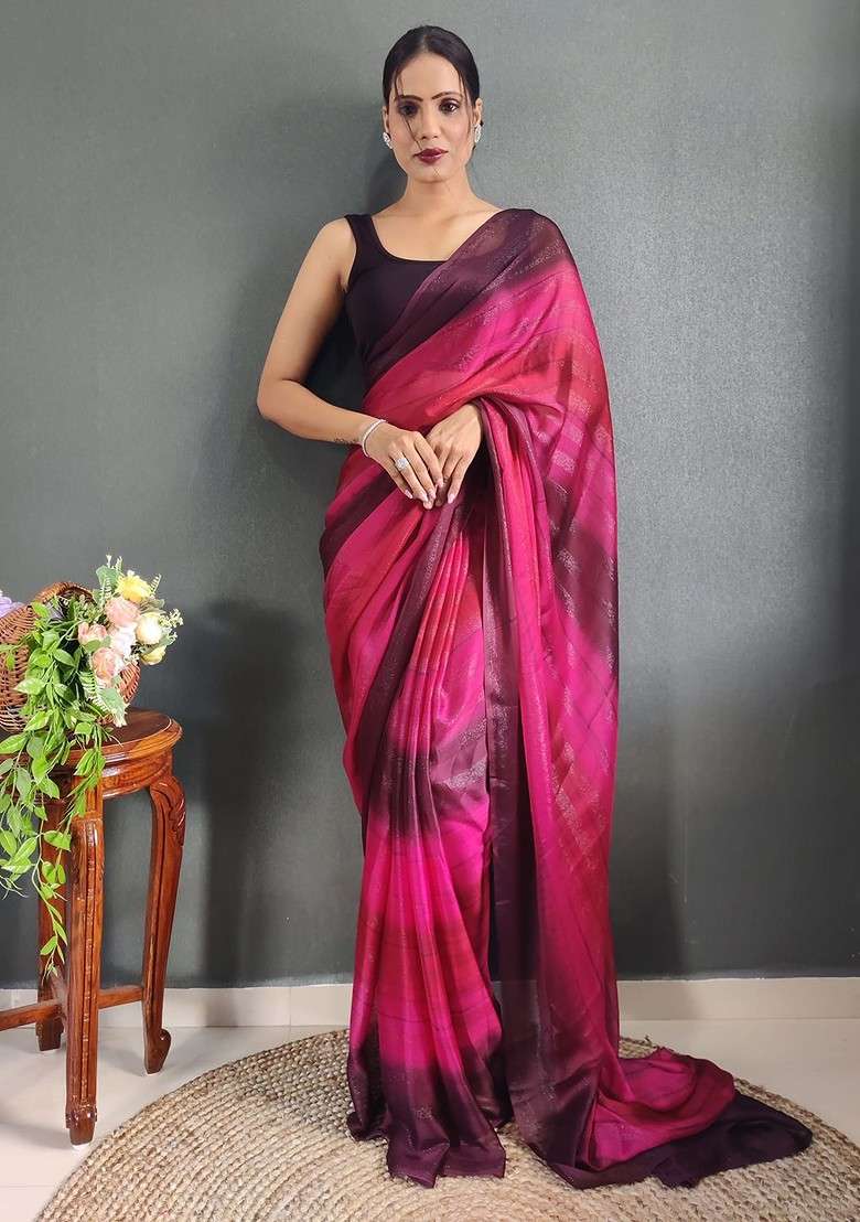 Pink Embroidered Blended Saree Set - Indya