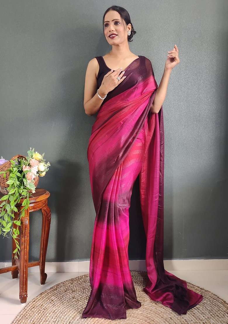 Pink Embroidered Blended Saree Set - Indya