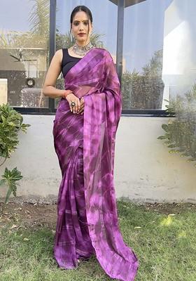 Purple Printed Blended Saree Set