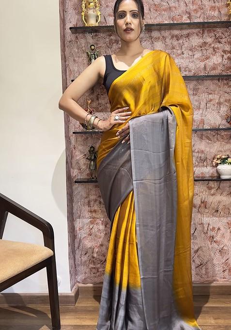 Yellow Embroidered Blended Saree Set