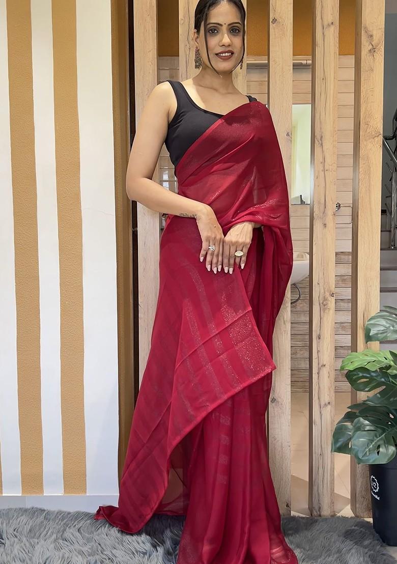Red Embellished Blended Saree Set