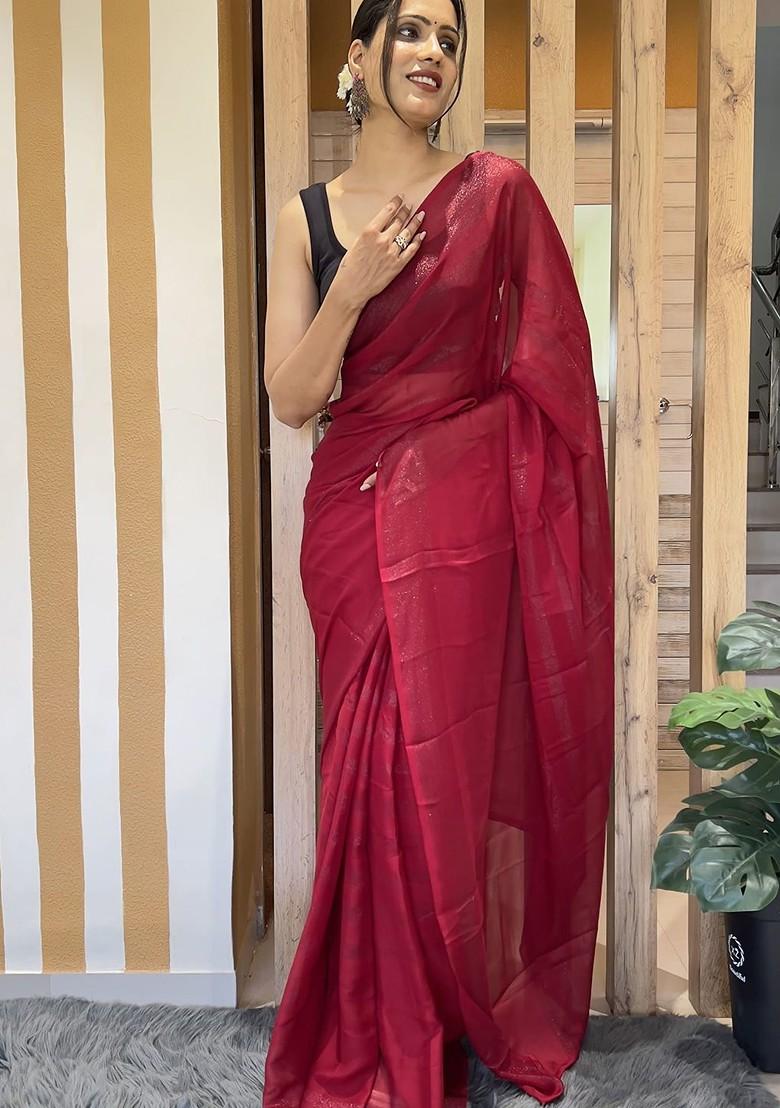 Red Embellished Blended Saree Set