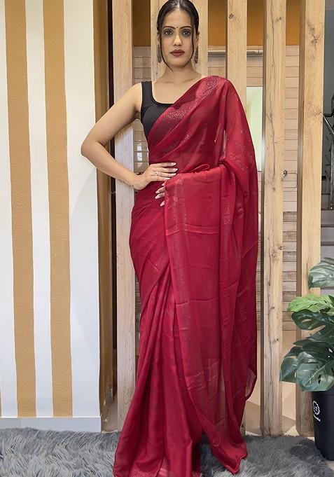 Red Embellished Blended Saree Set