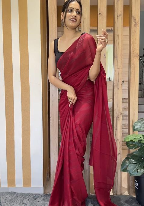 Red Embellished Blended Saree Set