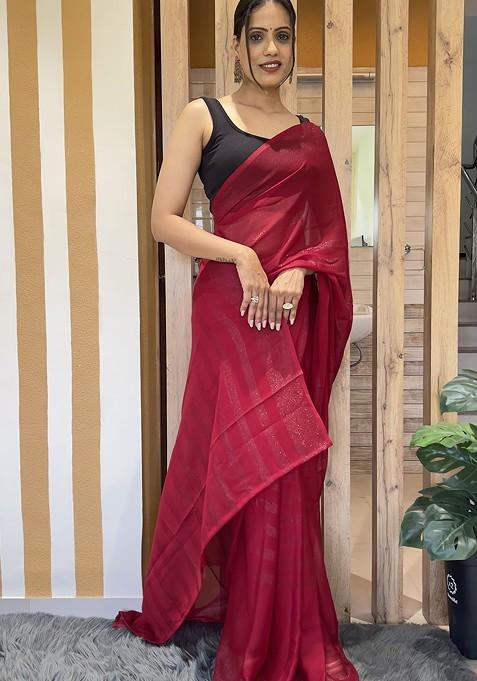 Red Embellished Blended Saree Set