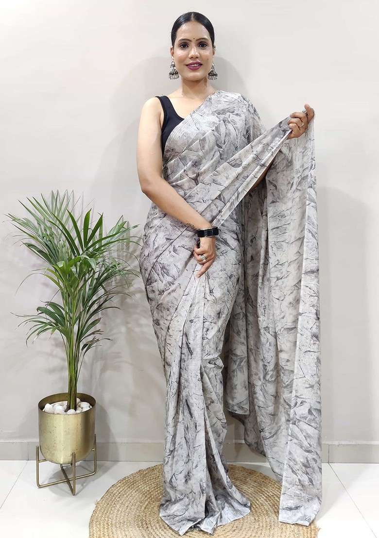 Grey Printed Blended Saree Set - Indya