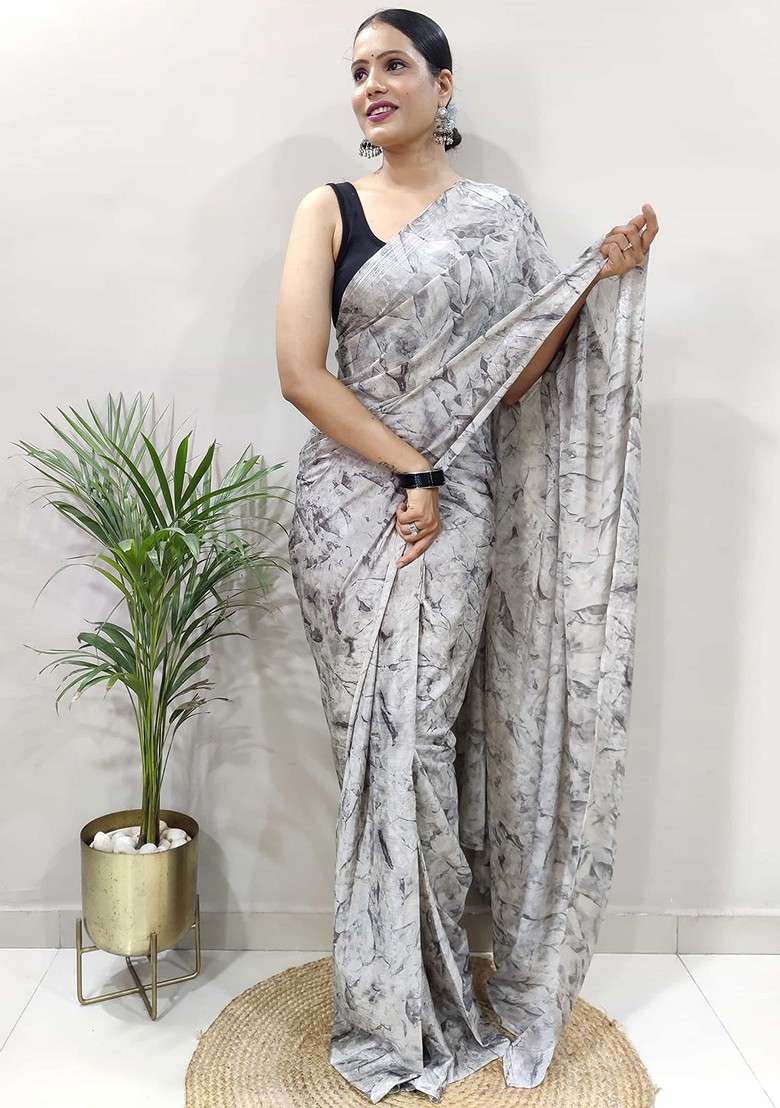 Grey Printed Blended Saree Set - Indya