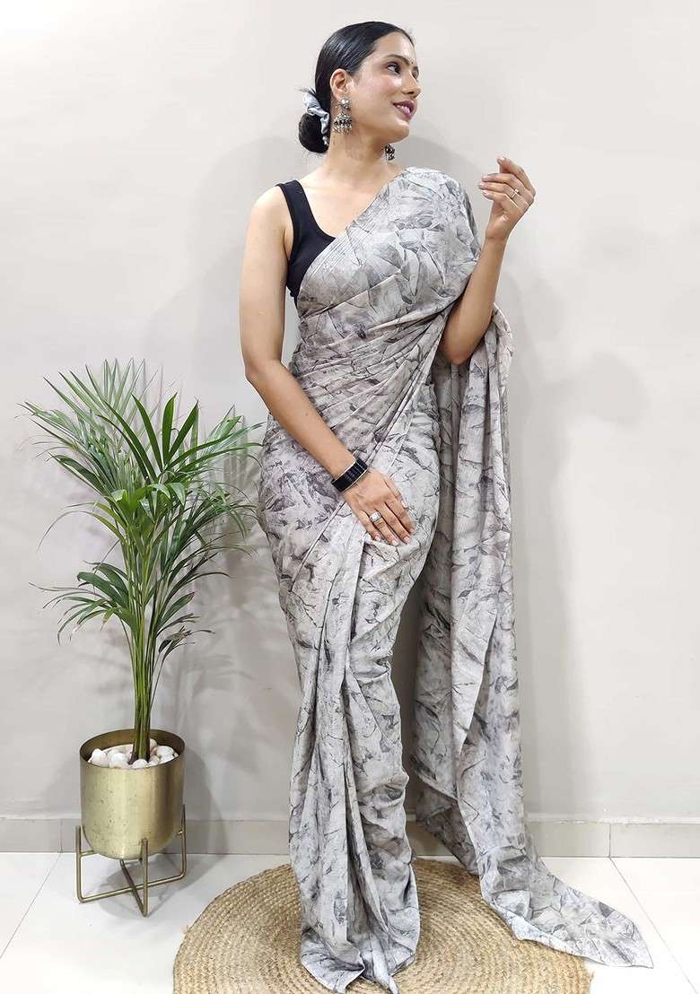 Grey Printed Blended Saree Set - Indya