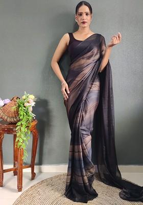 Brown Embroidered Blended Saree Set