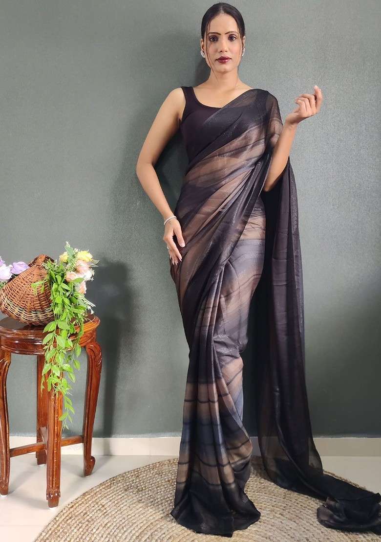 Brown Embroidered Blended Saree Set - Indya
