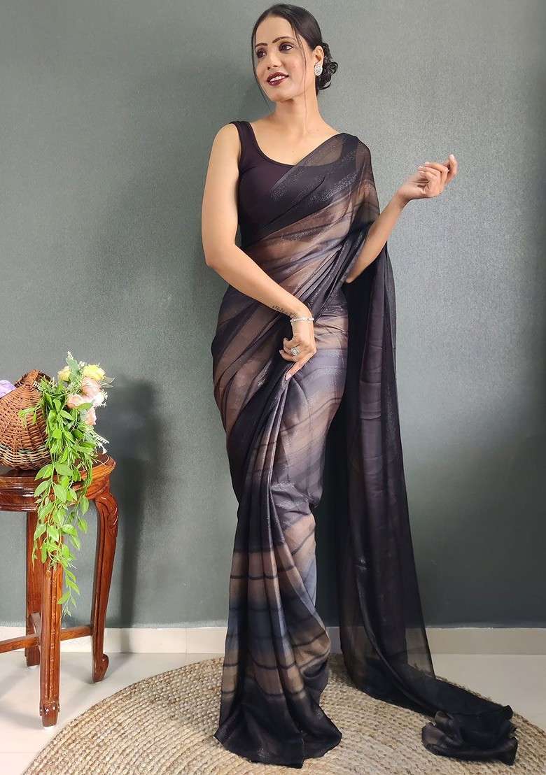 Brown Embroidered Blended Saree Set - Indya