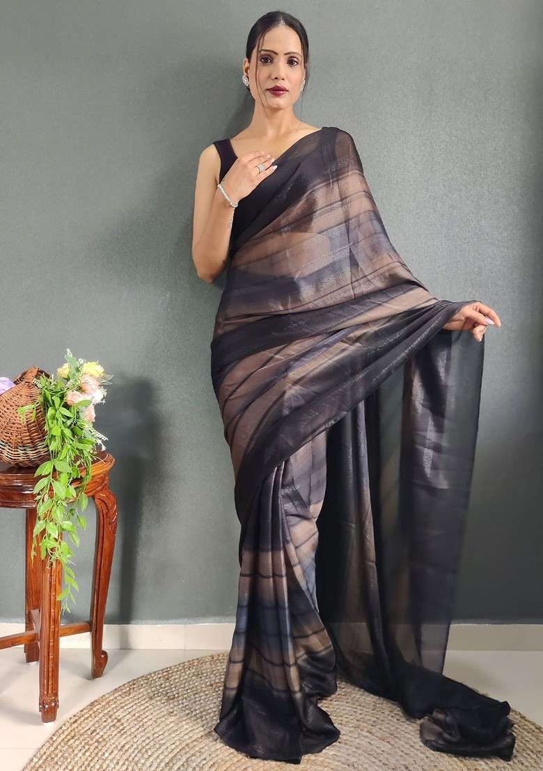 Brown Embroidered Blended Saree Set - Indya