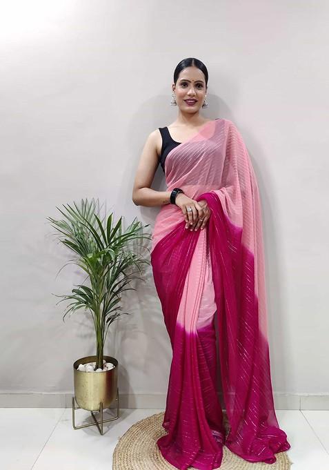 Pink Embroidered Blended Saree Set