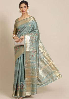 Turquoise Blue Embroidered Blended Saree Set