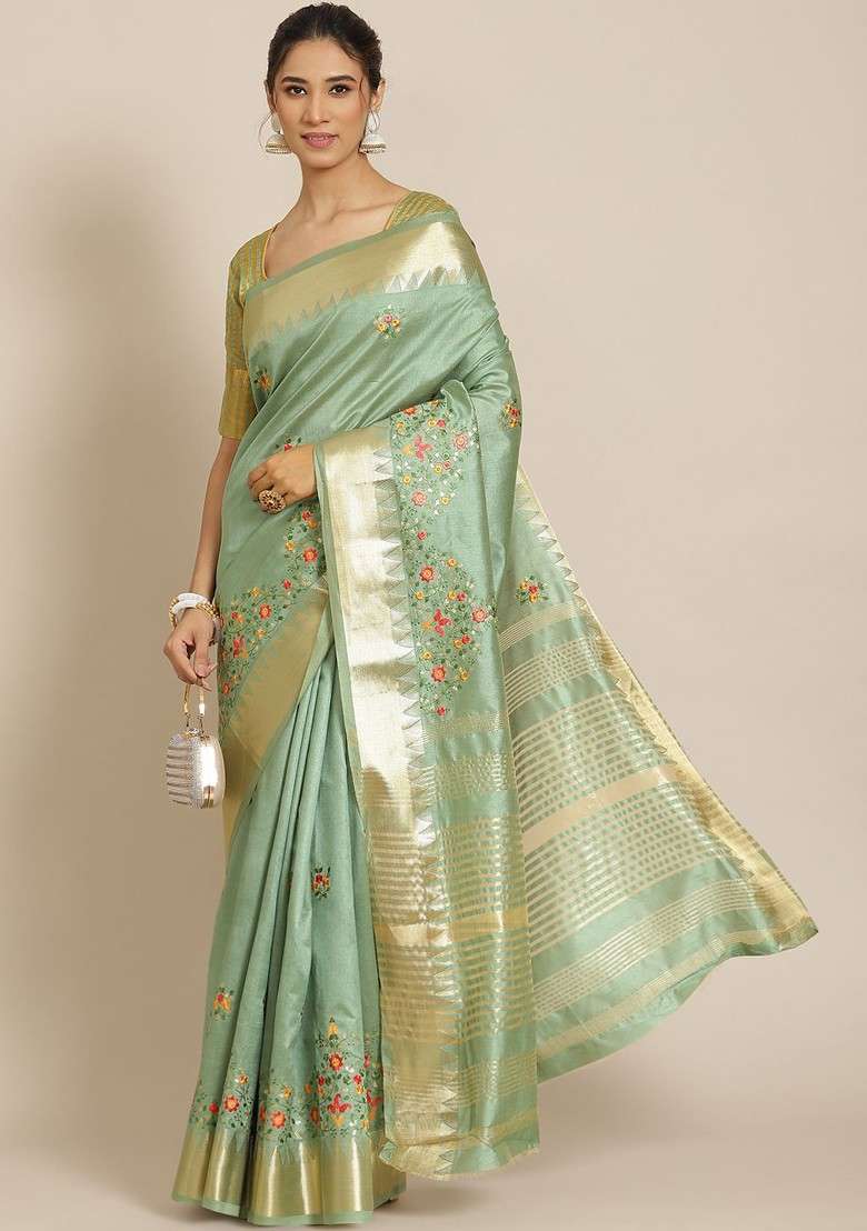 Green Embellished Blended Saree Set for Diwali and Festive Wear - Indya