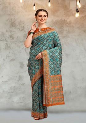 Turquoise Blue Embroidered Blended Saree Set