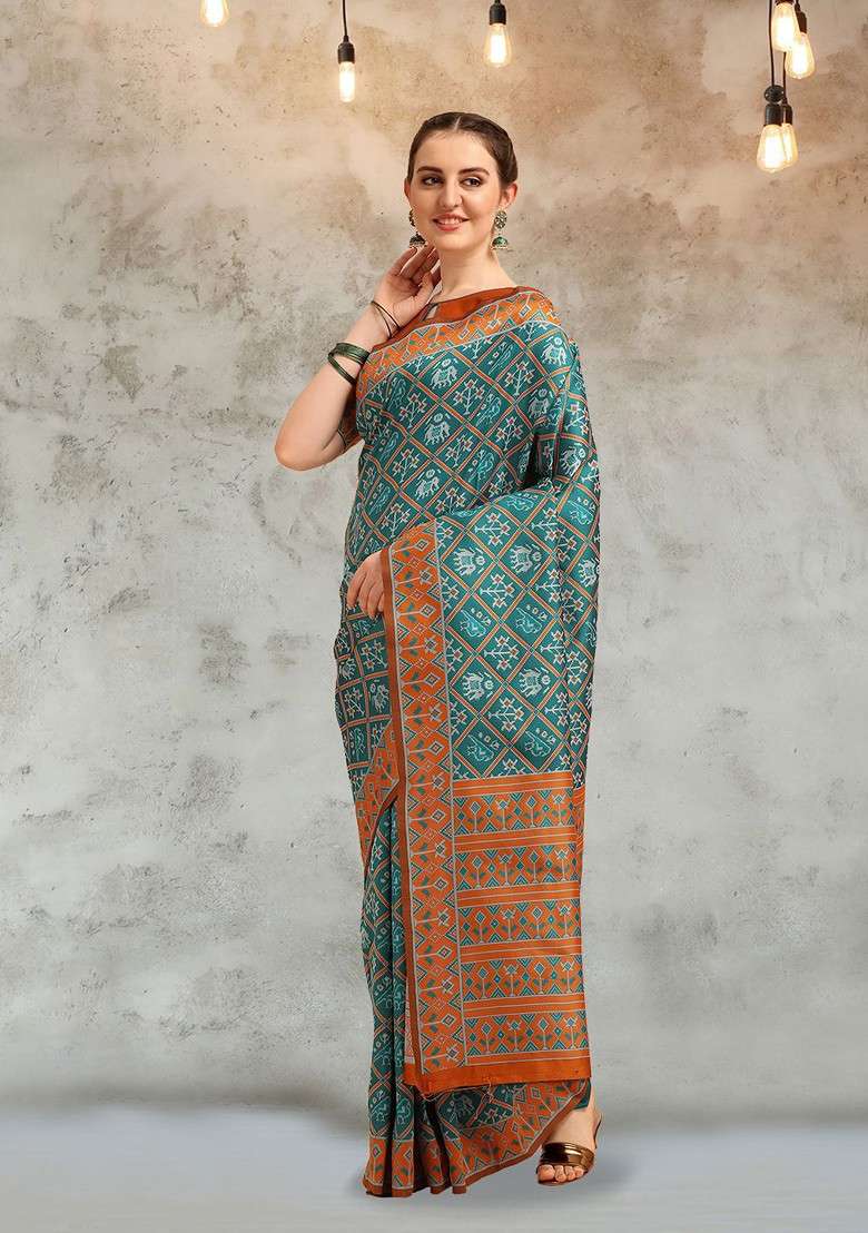 Turquoise Blue Blended Saree Set with Embroidered for Diwali | Wedding & Festive Wear - Indya