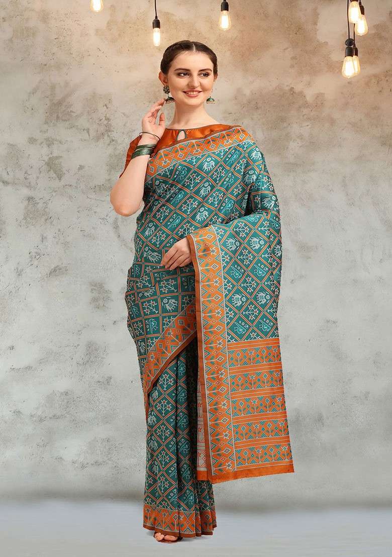 Turquoise Blue Blended Saree Set with Embroidered for Diwali | Wedding & Festive Wear - Indya