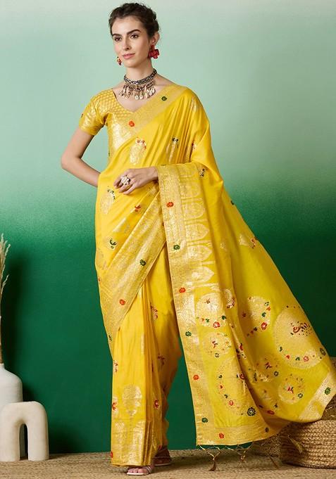 Yellow Embroidered Blended Saree Set