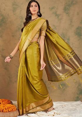 Lime Green Embroidered Blended Saree Set