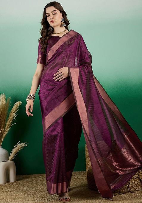 Burgundy Embroidered Blended Saree Set — view on Indya