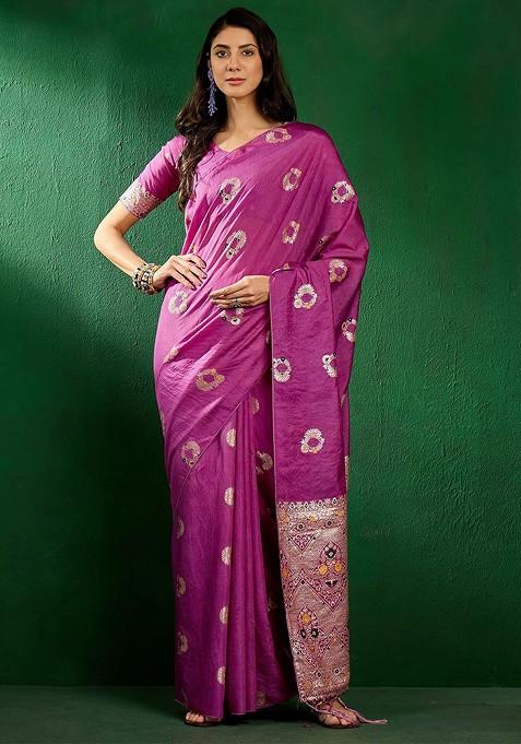 Lavender Embroidered Blended Saree Set