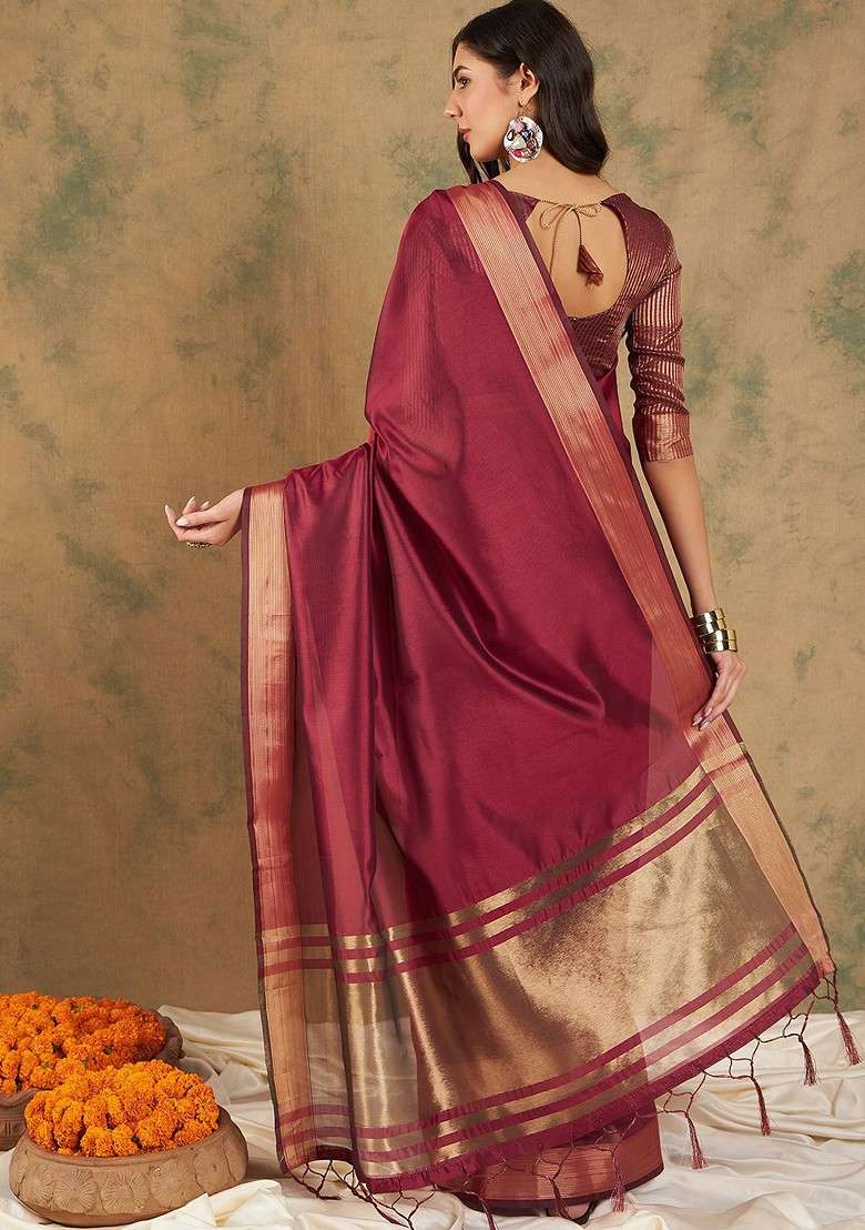 Maroon Embroidered Blended Saree Set - Indya