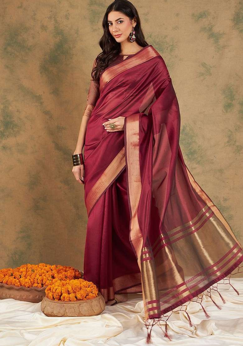 Maroon Embroidered Blended Saree Set - Indya