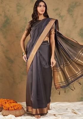 Navy Blue Embroidered Blended Saree Set