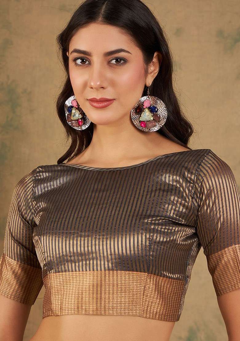 Navy Blue Embroidered Blended Saree Set - Indya