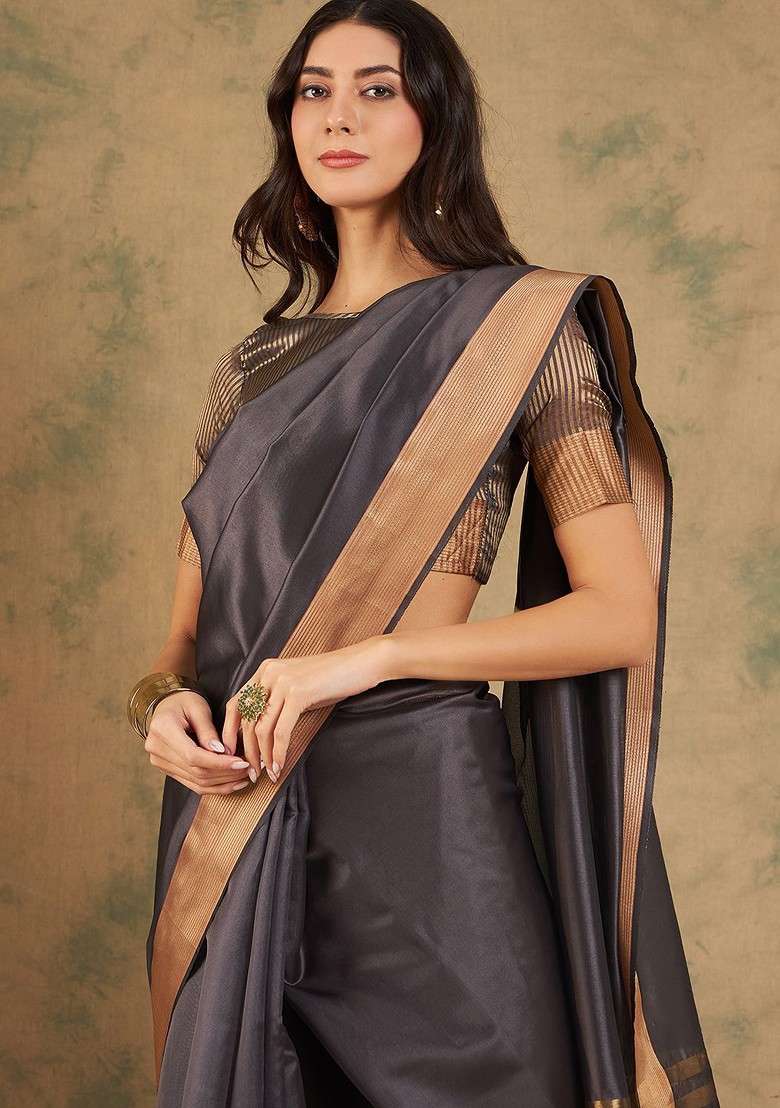 Navy Blue Embroidered Blended Saree Set - Indya