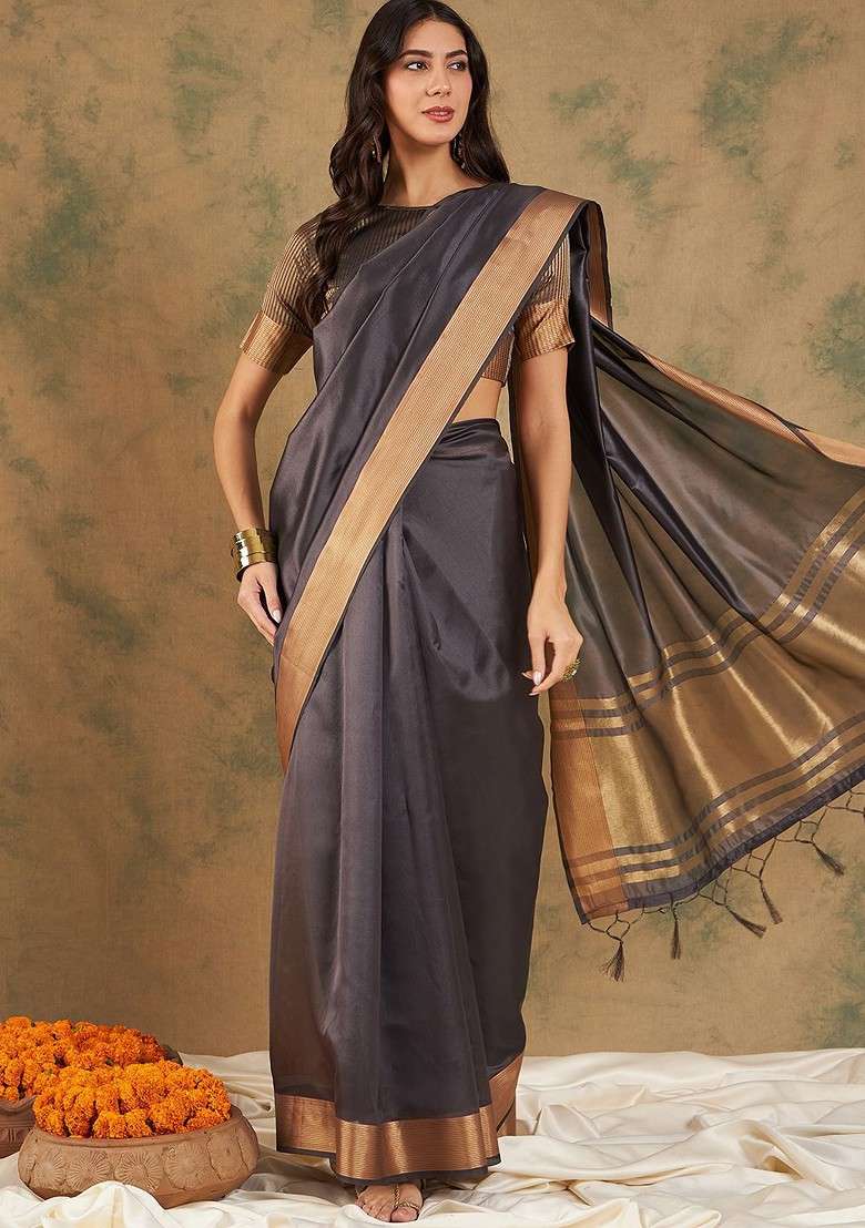 Navy Blue Embroidered Blended Saree Set - Indya