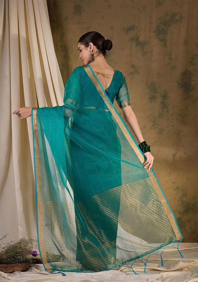 Teal Embroidered Blended Saree Set