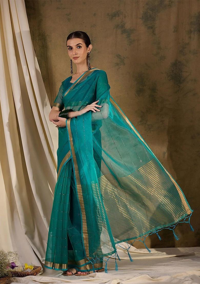 Teal Embroidered Blended Saree Set