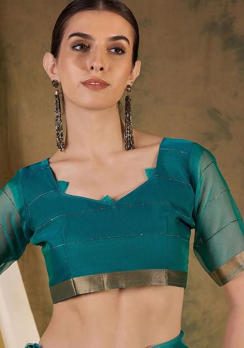 Teal Embroidered Blended Saree Set
