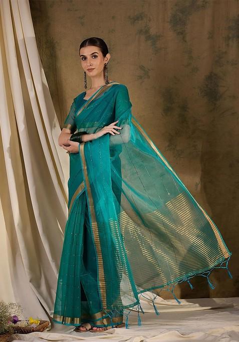 Teal Embroidered Blended Saree Set