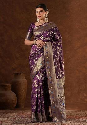 Purple Jacquard Blended Saree Set