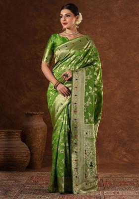 Green Jacquard Blended Saree Set