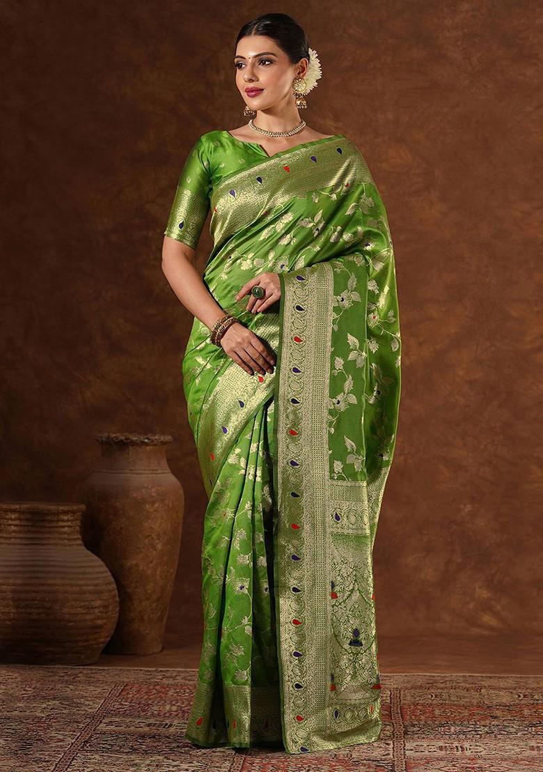 Green Jacquard Blended Saree Set