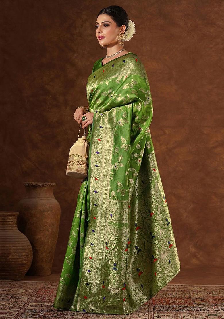 Green Jacquard Blended Saree Set