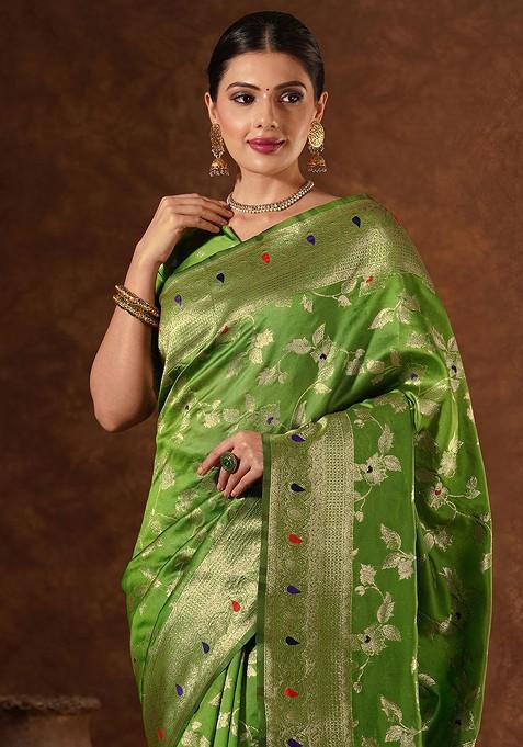 Green Jacquard Blended Saree Set