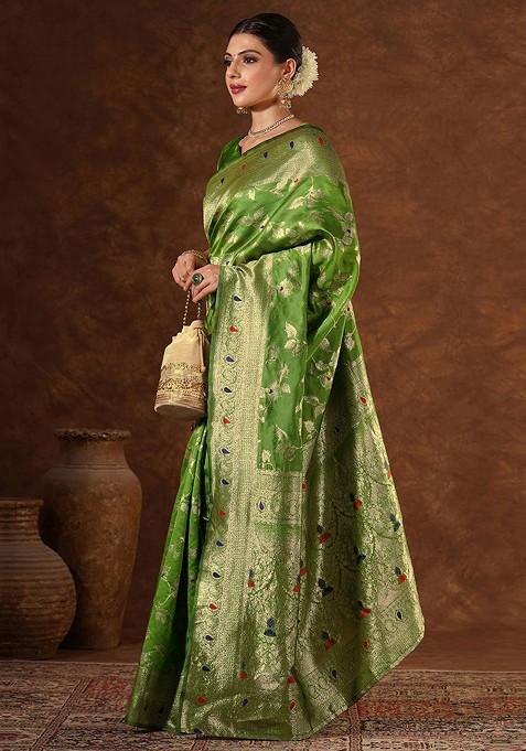 Green Jacquard Blended Saree Set